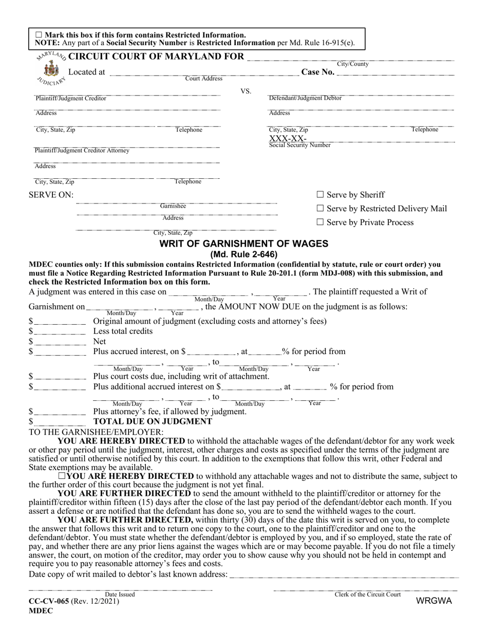 Form CC-CV-065 Writ of Garnishment of Wages - Maryland, Page 1