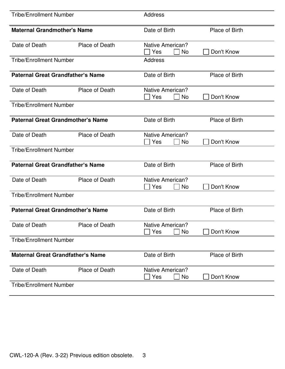 Form CWL-120-A American Indian / Alaska Native Tribal Affiliation Verification - Michigan, Page 3