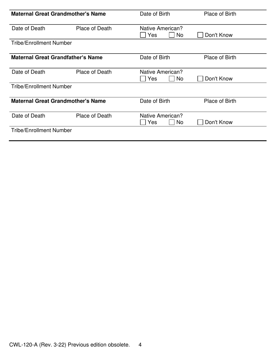 Form CWL-120-A American Indian / Alaska Native Tribal Affiliation Verification - Michigan, Page 4