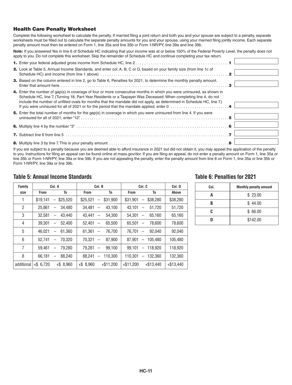 Instructions for Schedule HC Health Care Information - Massachusetts, Page 11