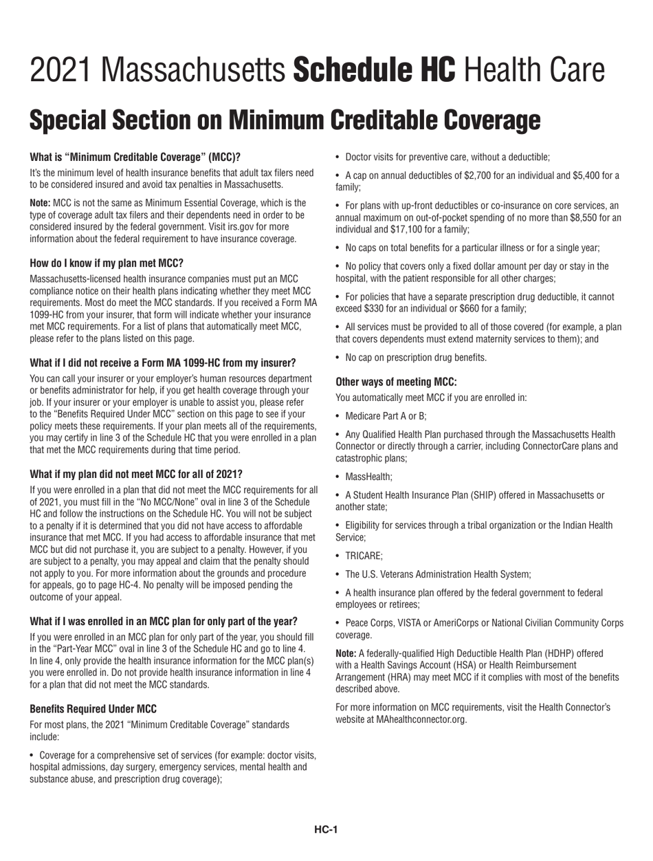 Instructions for Schedule HC Health Care Information - Massachusetts, Page 1