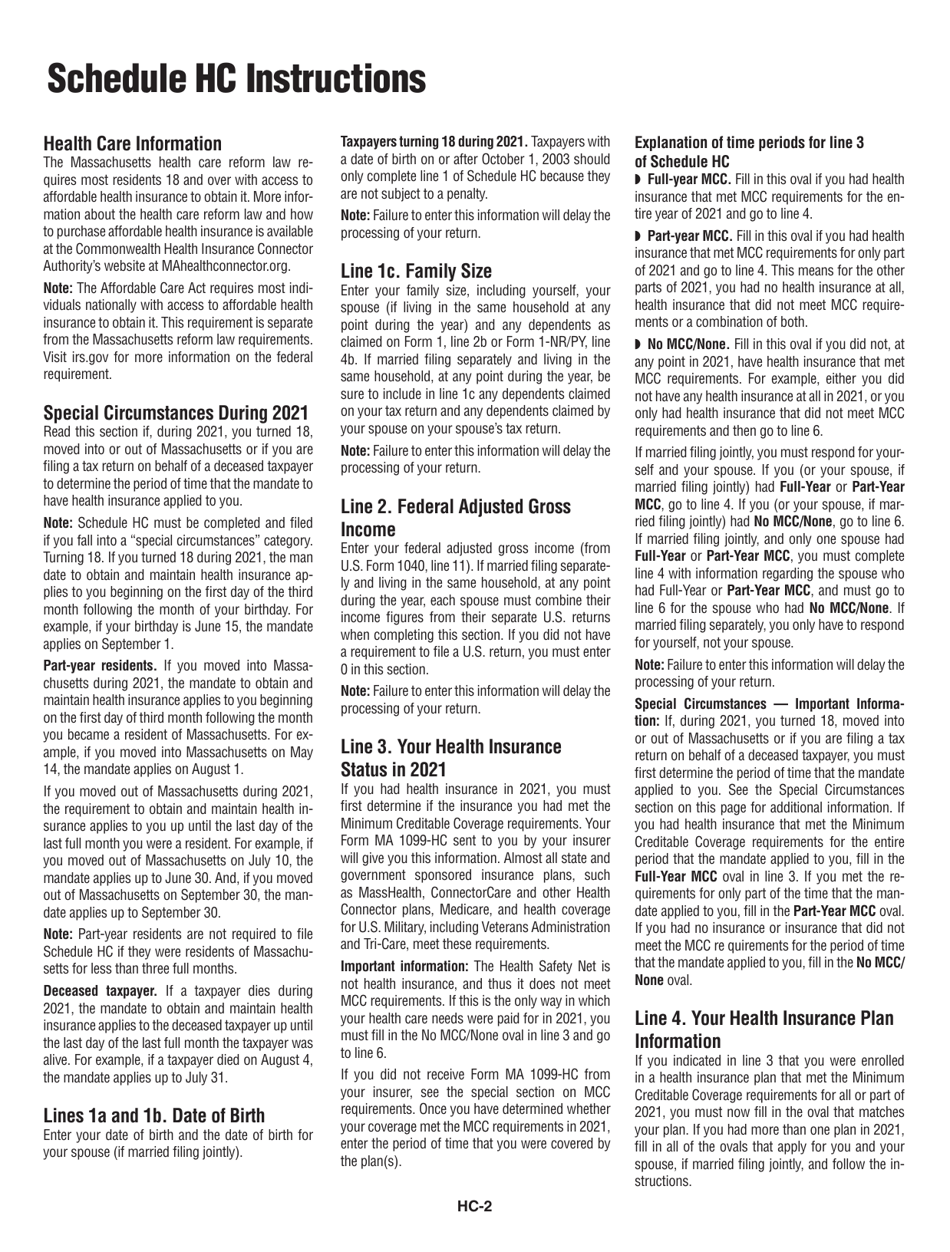 Instructions for Schedule HC Health Care Information - Massachusetts, Page 2