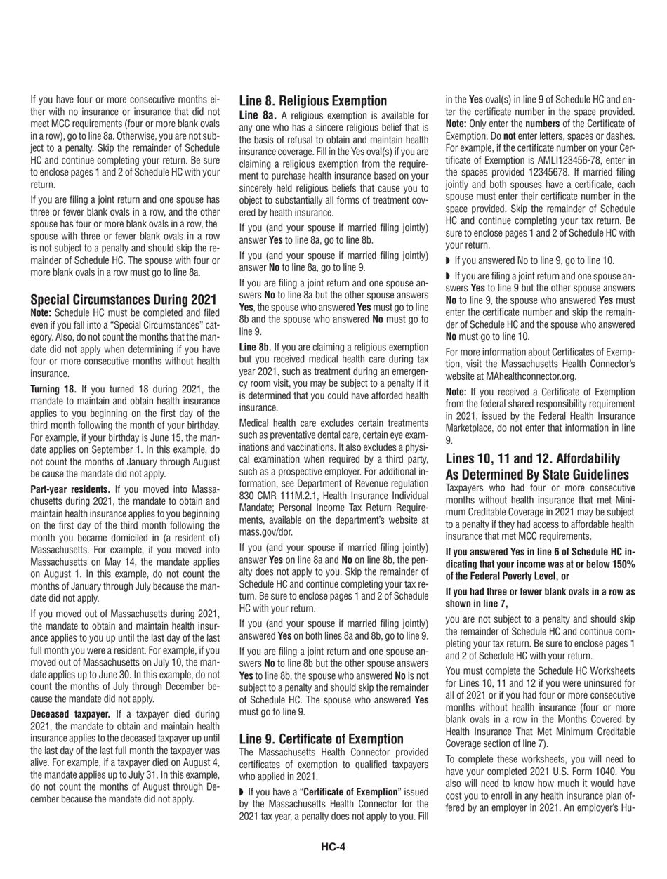 Instructions for Schedule HC Health Care Information - Massachusetts, Page 4