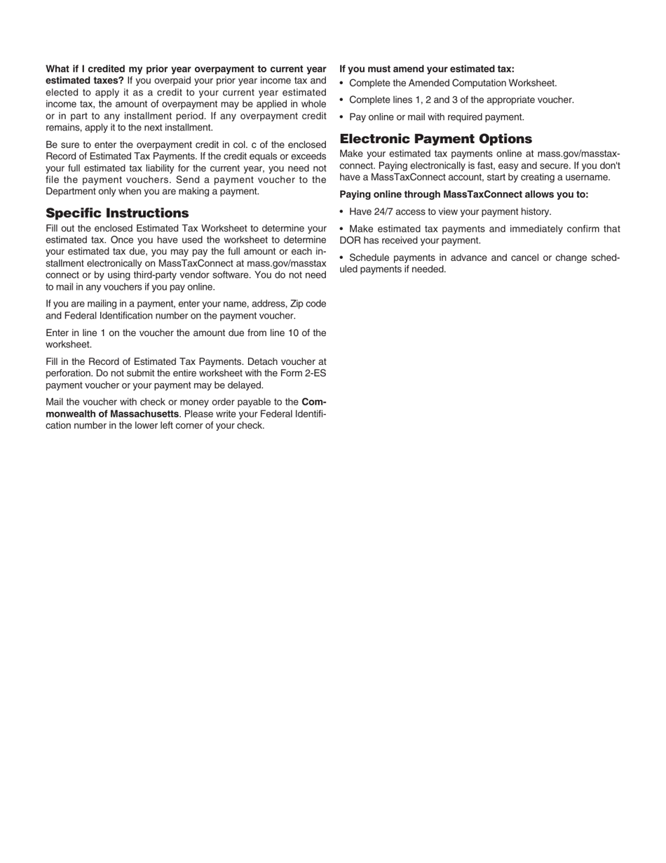 Form 2-ES Massachusetts Estimated Income Tax Payment Vouchers and Worksheet - Massachusetts, Page 2