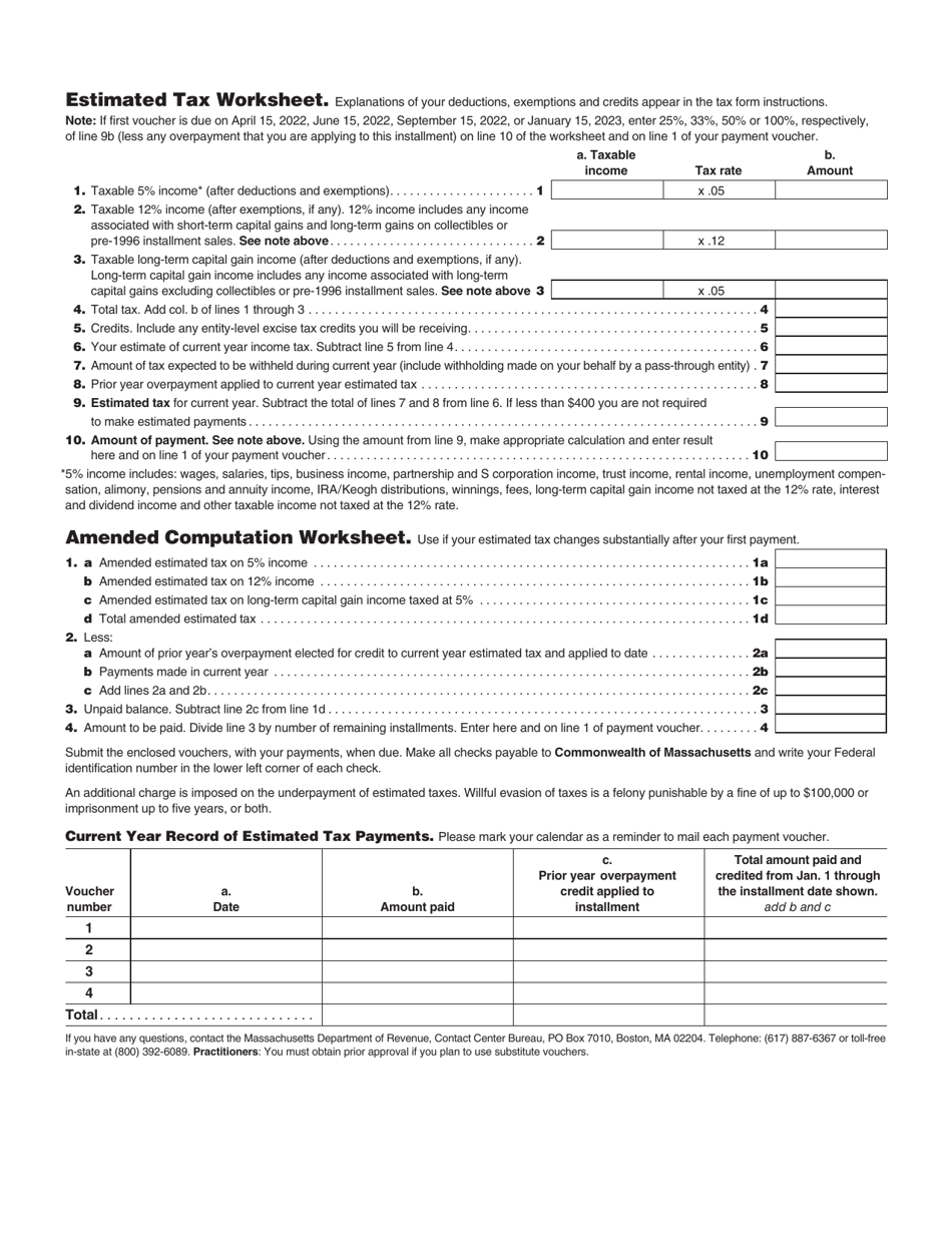 Form 2ES Download Printable PDF or Fill Online Massachusetts Estimated