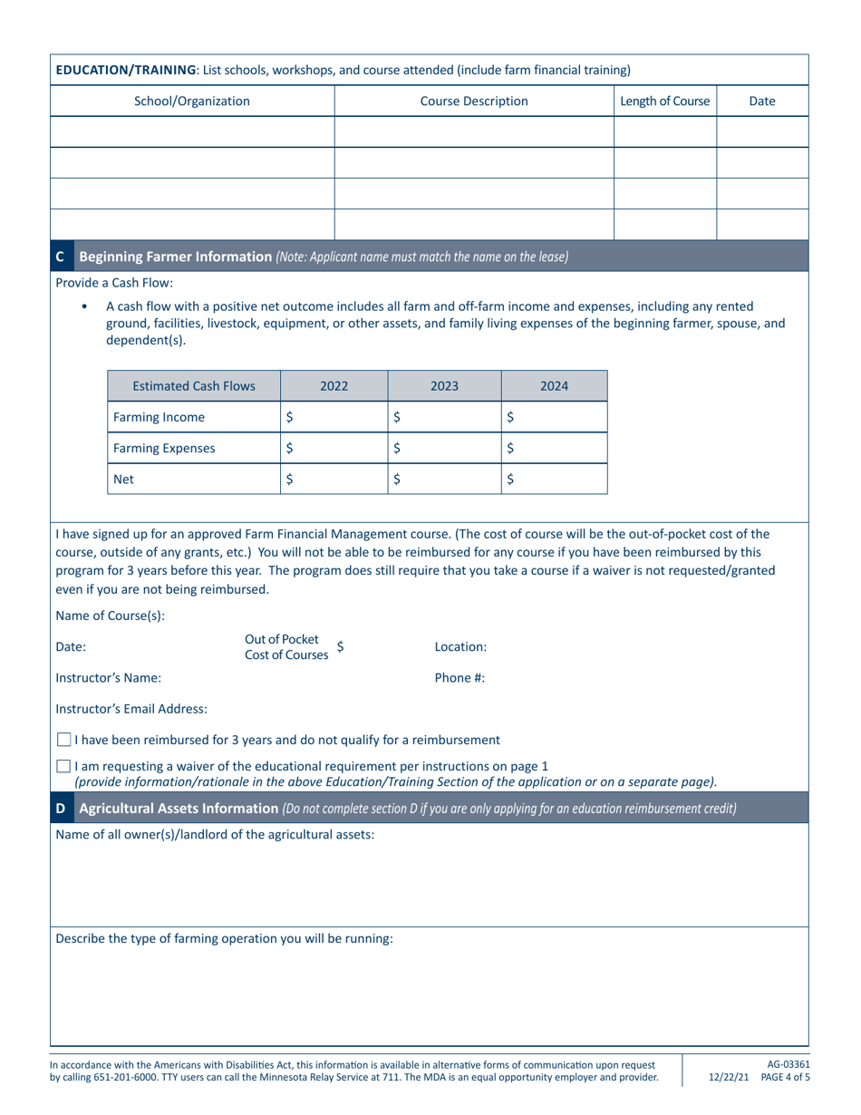 Form AG-03361 Minnesota Beginning Farmer Tax Credit Application - Minnesota, Page 4