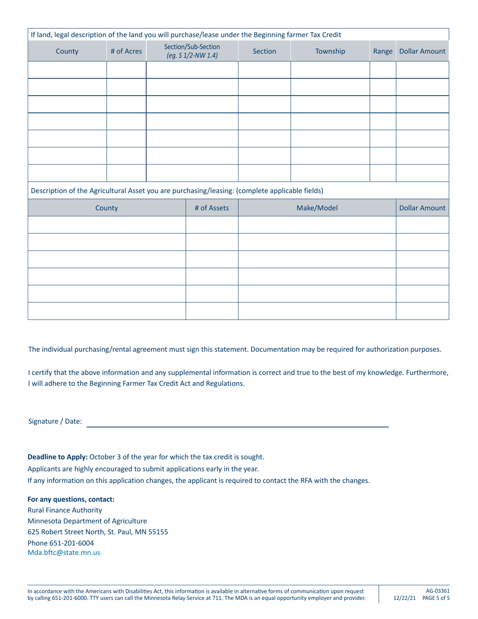Form AG-03361 Minnesota Beginning Farmer Tax Credit Application - Minnesota, Page 5