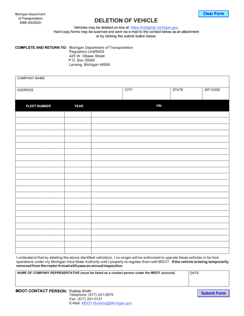 Form 3088 Deletion of Vehicle - Michigan