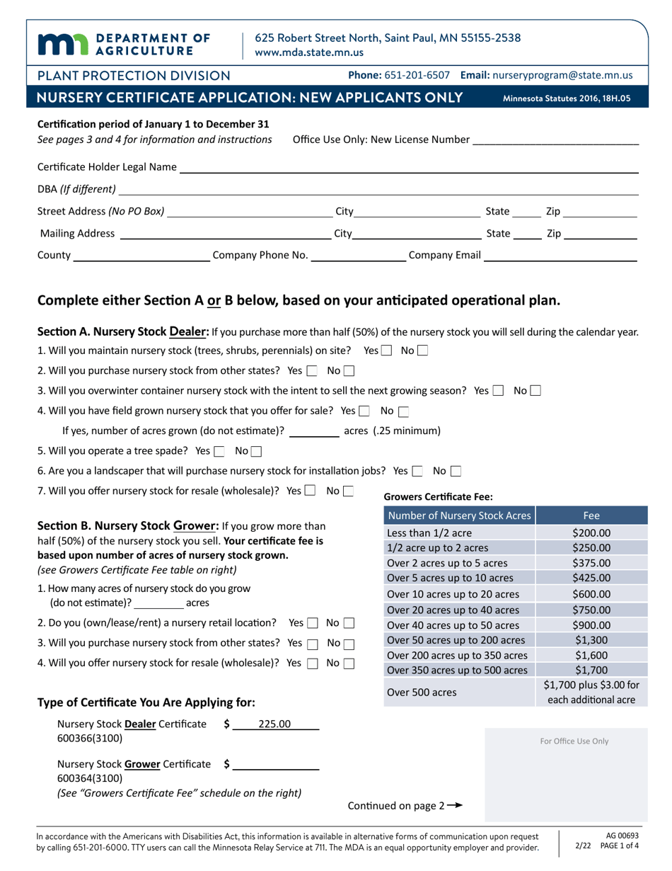 Form AG00693 Nursery Certificate Application: New Applicants Only - Minnesota, Page 1