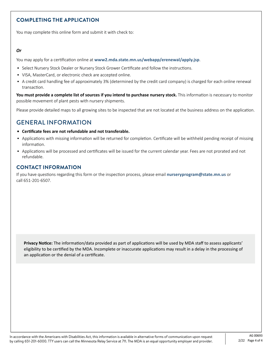 Form AG00693 Nursery Certificate Application: New Applicants Only - Minnesota, Page 4