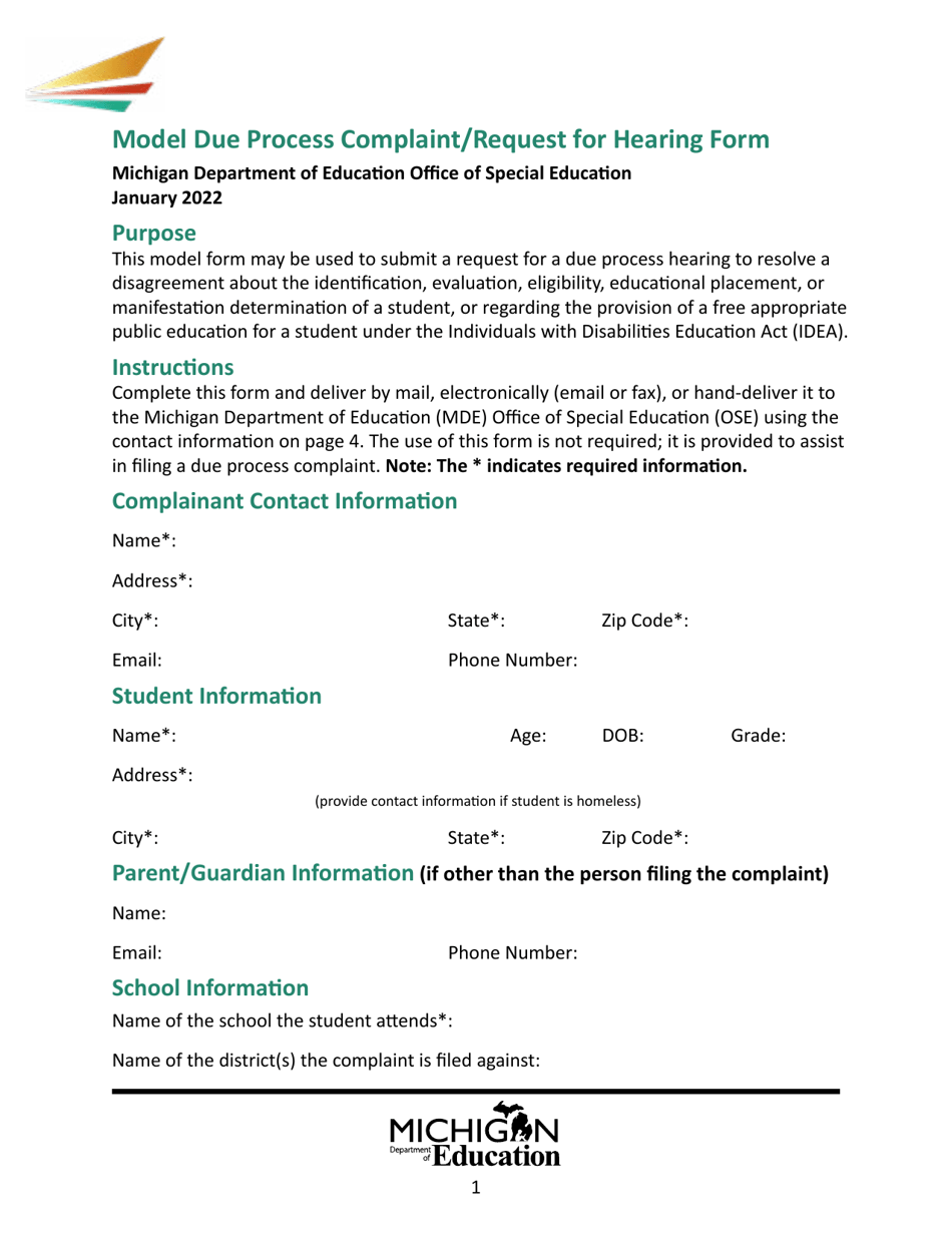 Model Due Process Complaint / Request for Hearing Form - Michigan, Page 1