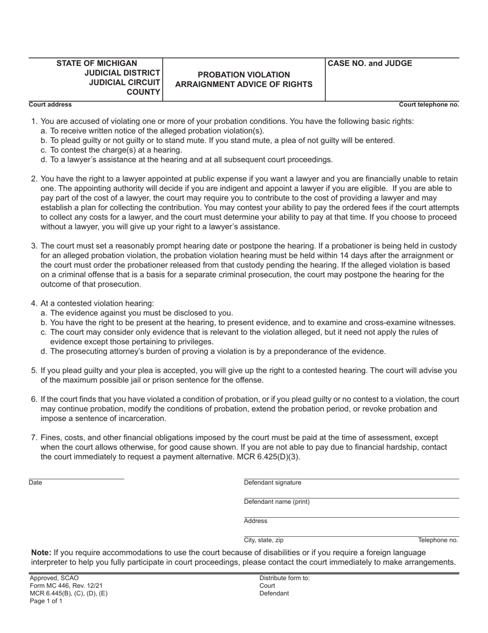 Form MC446 Probation Violation Arraignment Advice of Rights - Michigan, Page 1