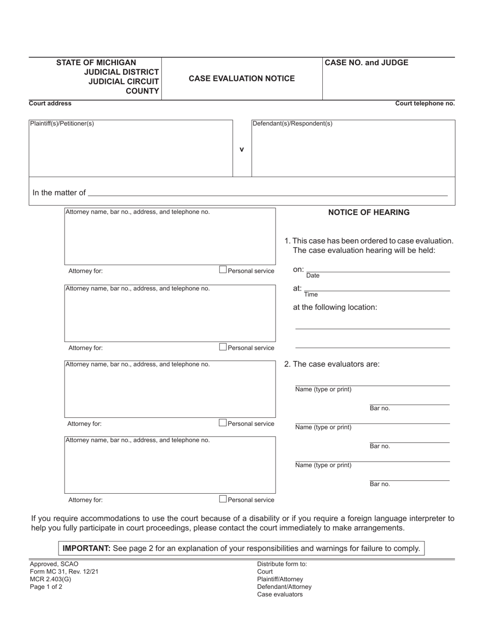 Form MC31 Case Evaluation Notice - Michigan, Page 1