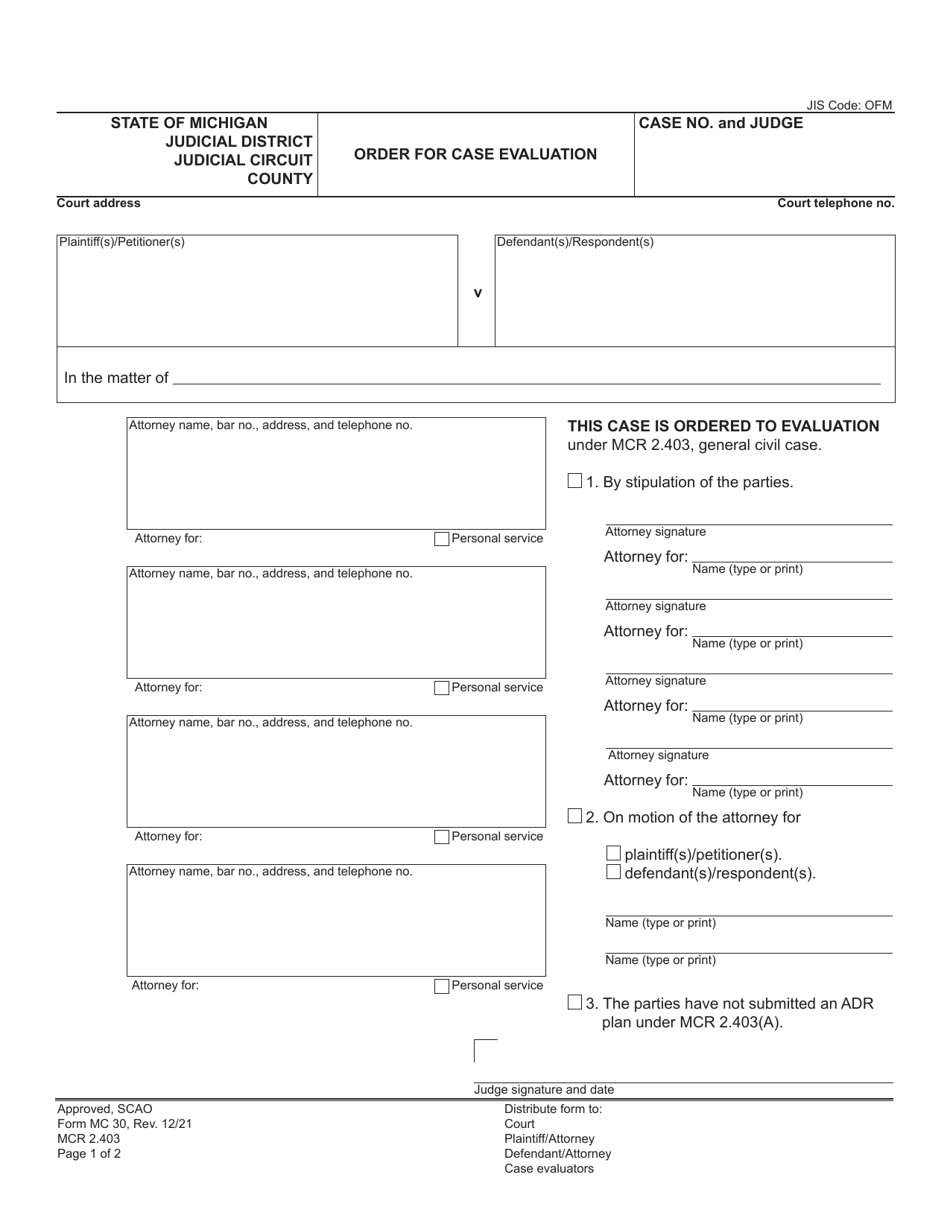 Form MC30 Order for Case Evaluation - Michigan, Page 1