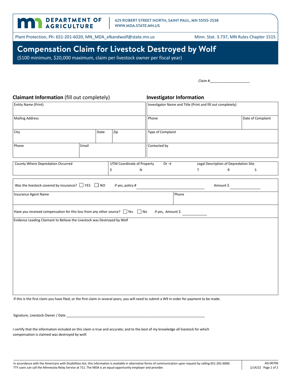 Form AG-00706 Compensation Claim for Livestock Destroyed by Wolf - Minnesota, Page 1