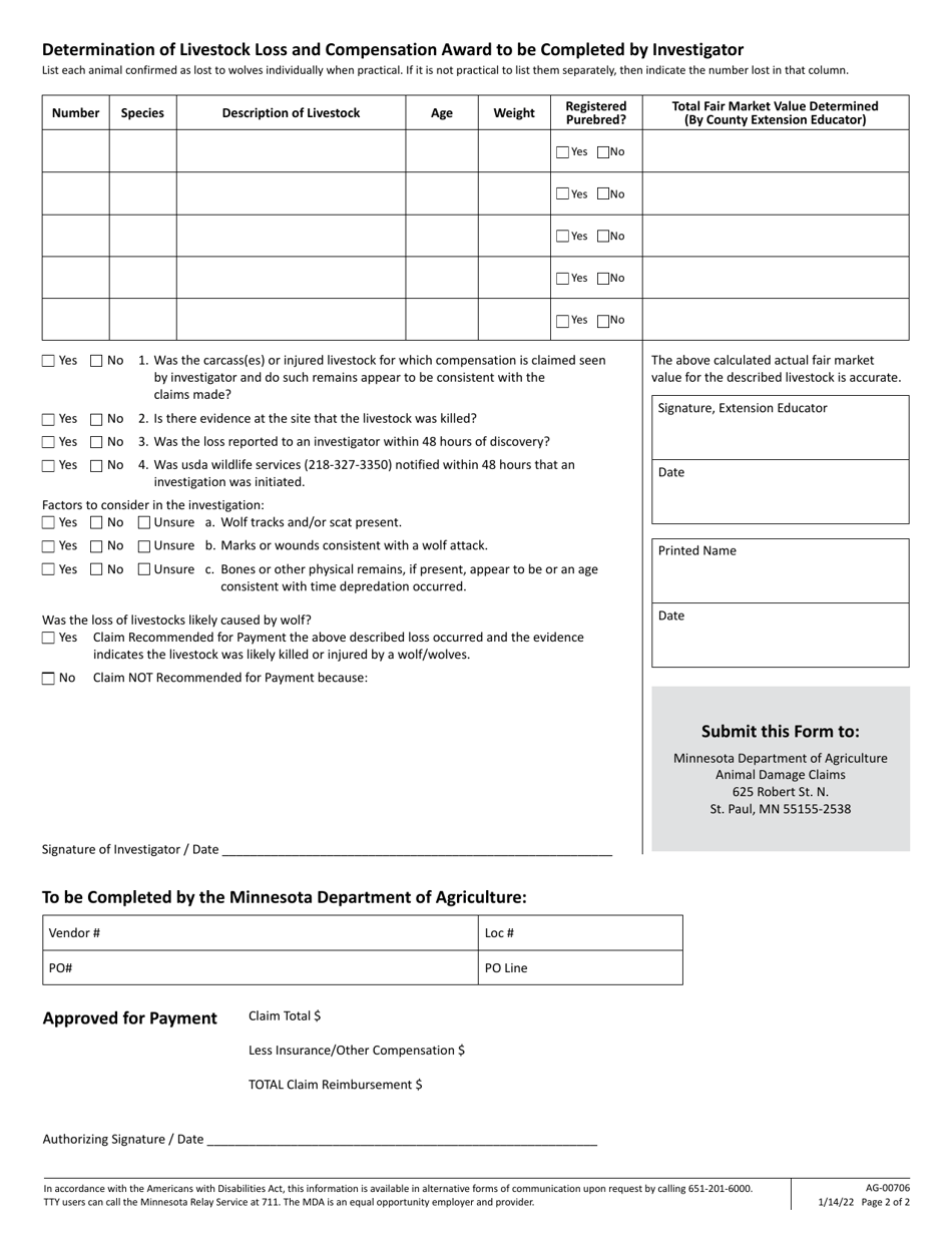 Form AG-00706 Compensation Claim for Livestock Destroyed by Wolf - Minnesota, Page 2