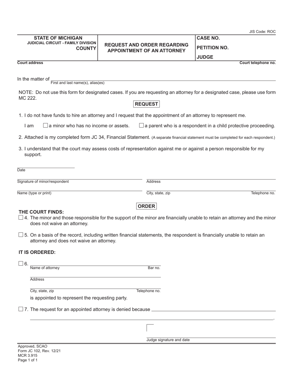 Form JC102 Request and Order Regarding Appointment of an Attorney - Michigan, Page 1