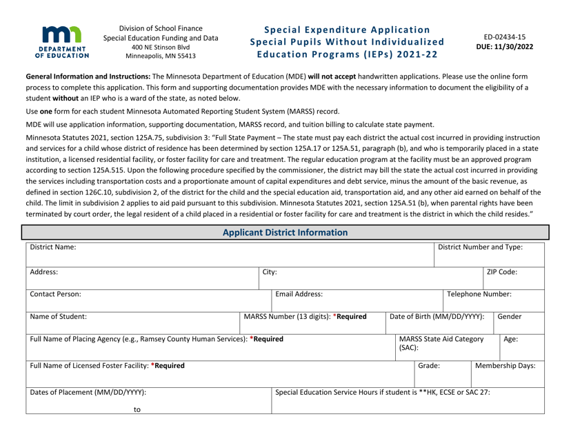 Form ED-02434-15 Special Expenditure Application - Special Pupils Without Individualized Education Programs (Ieps ) - Minnesota, 2022