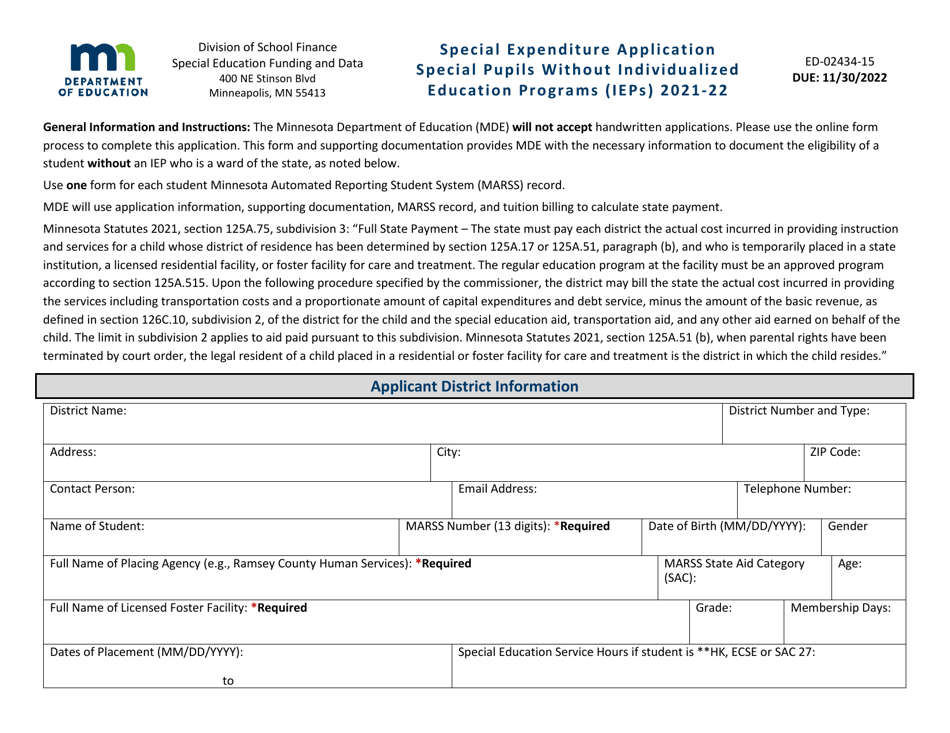 Form ED-02434-15 Special Expenditure Application - Special Pupils Without Individualized Education Programs (Ieps ) - Minnesota, Page 1