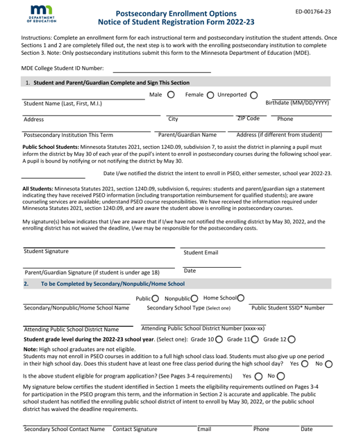 Form ED-001764-23 Postsecondary Enrollment Options Notice of Student Registration Form - Minnesota, 2023