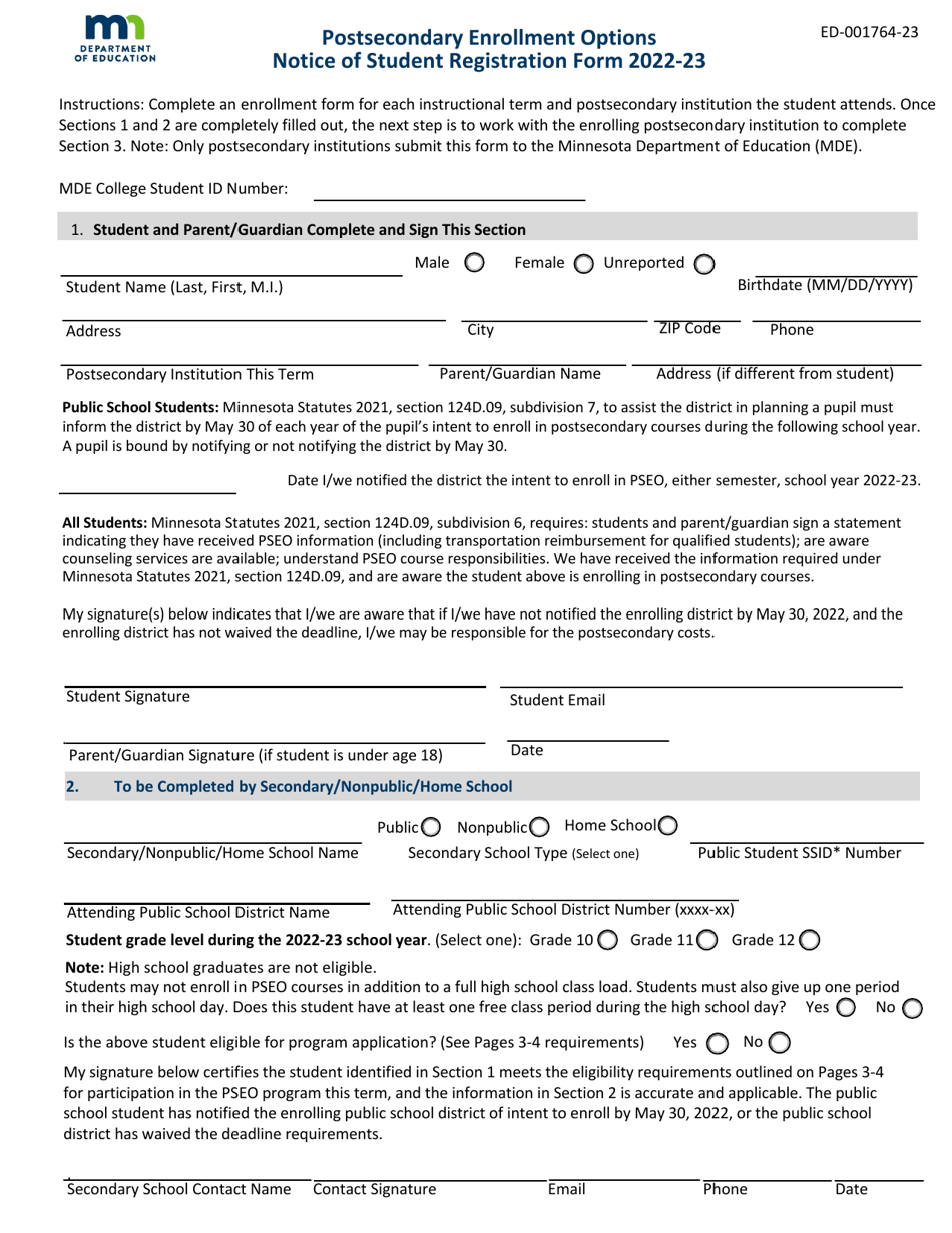 Form ED-001764-23 Postsecondary Enrollment Options Notice of Student Registration Form - Minnesota, Page 1