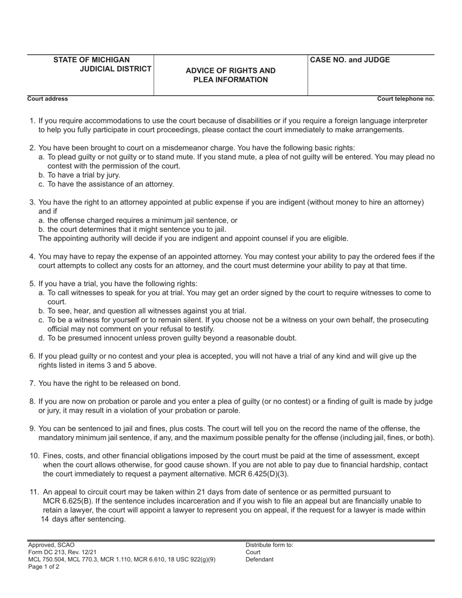 Form DC213 Advice of Rights and Plea Information - Michigan, Page 1