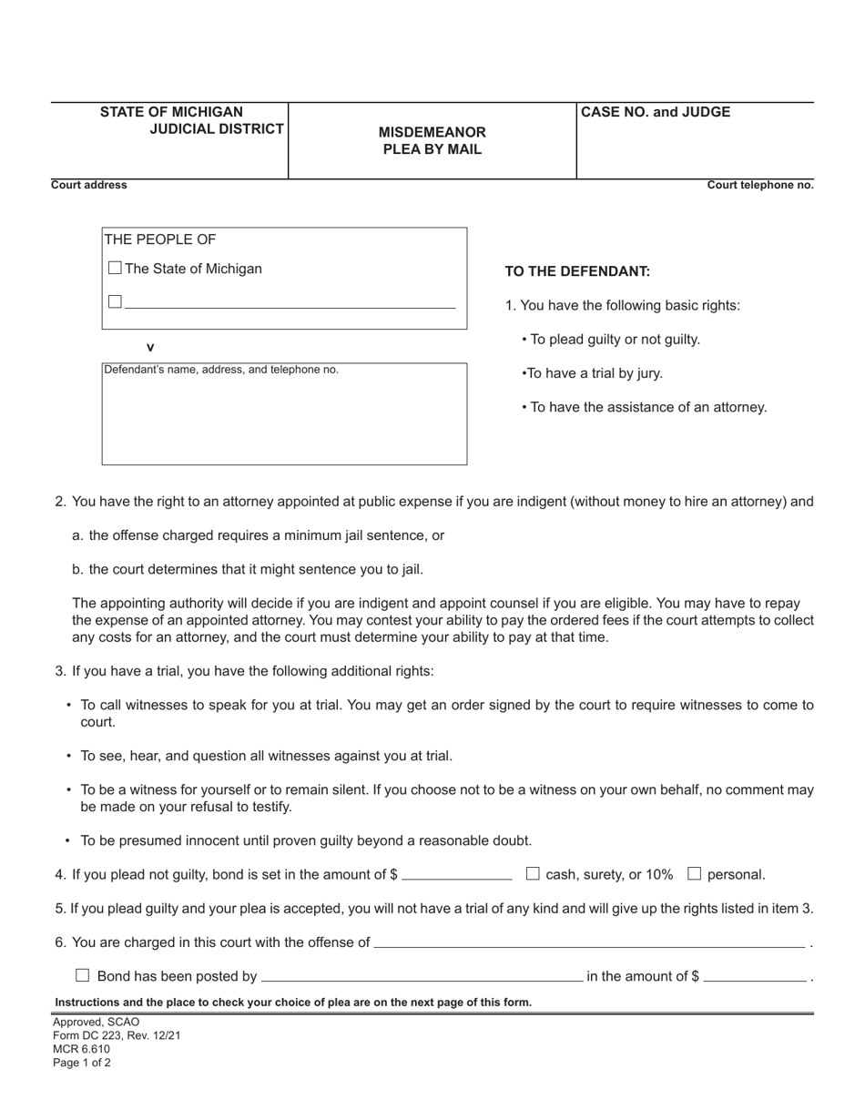 Form DC223 Misdemeanor Plea by Mail - Michigan, Page 1