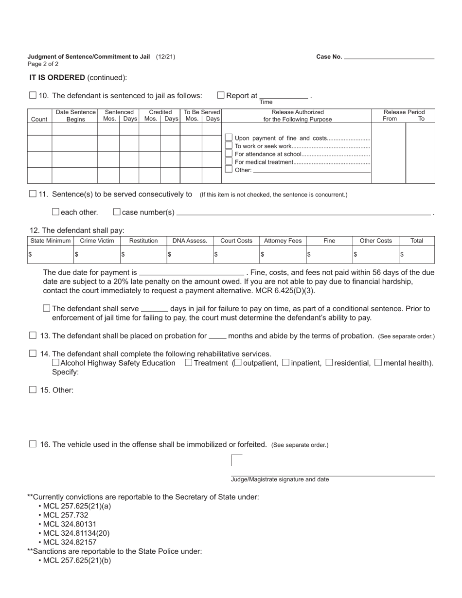 Form MC219 Judgment of Sentence / Commitment to Jail - Michigan, Page 2