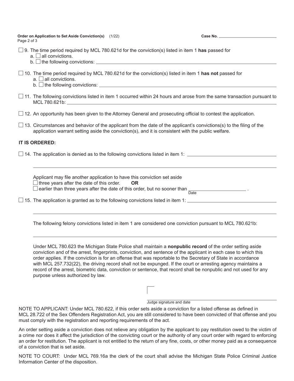 Form MC228 Order on Application to Set Aside Conviction(S) - Michigan, Page 2