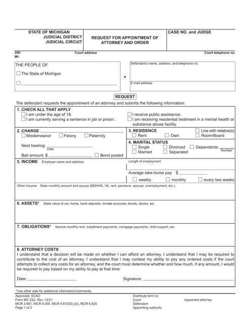 Form MC222 Request for Appointment of Attorney and Order - Michigan