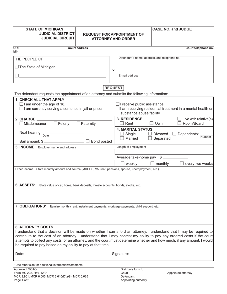 Form MC222 Request for Appointment of Attorney and Order - Michigan, Page 1