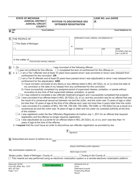 Form MC406A Petition to Discontinue Sex Offender Registration - Michigan