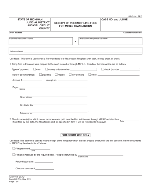 Form MC514 Receipt of Prepaid Filing Fees for Mifile Transaction - Michigan