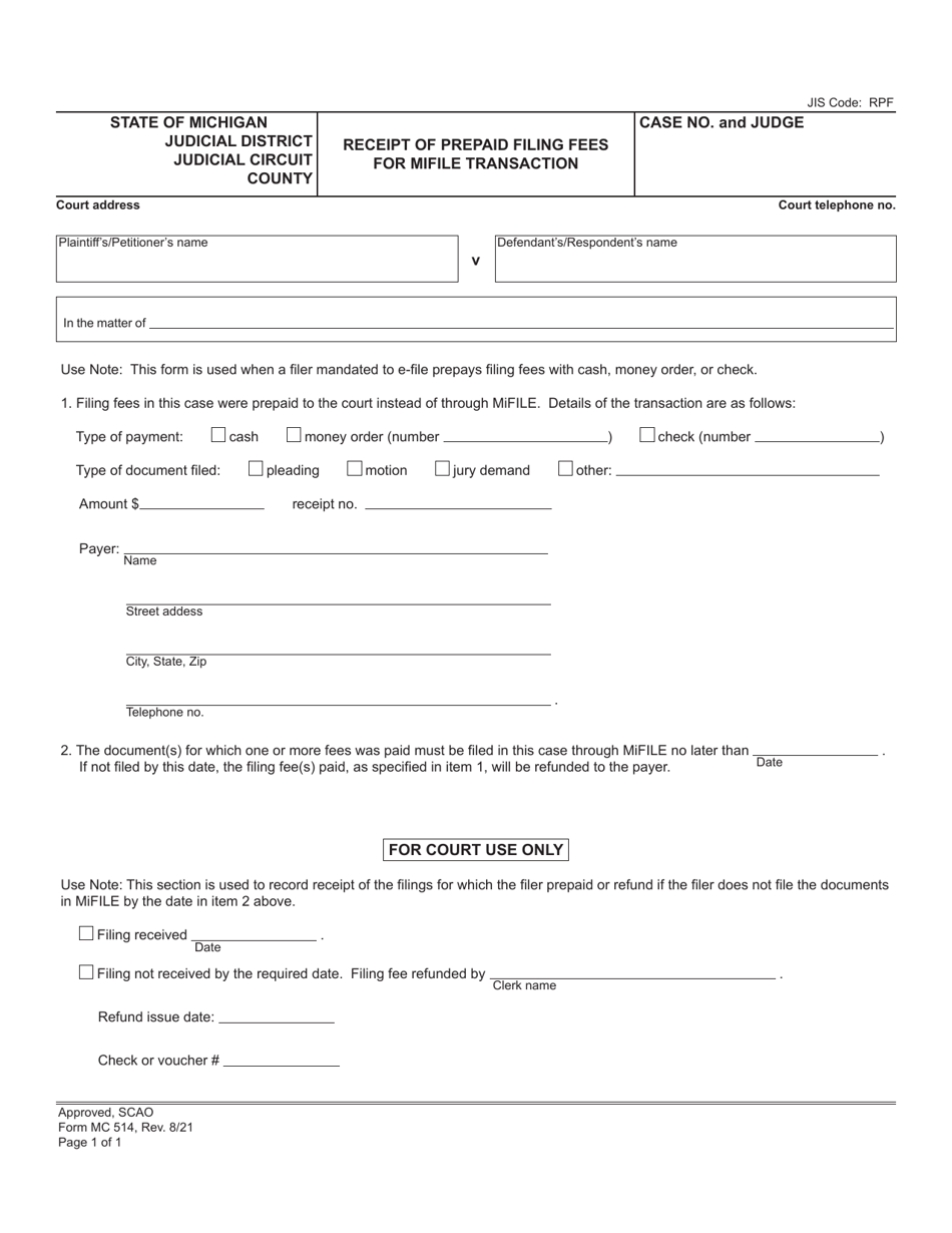 Form MC514 Receipt of Prepaid Filing Fees for Mifile Transaction - Michigan, Page 1