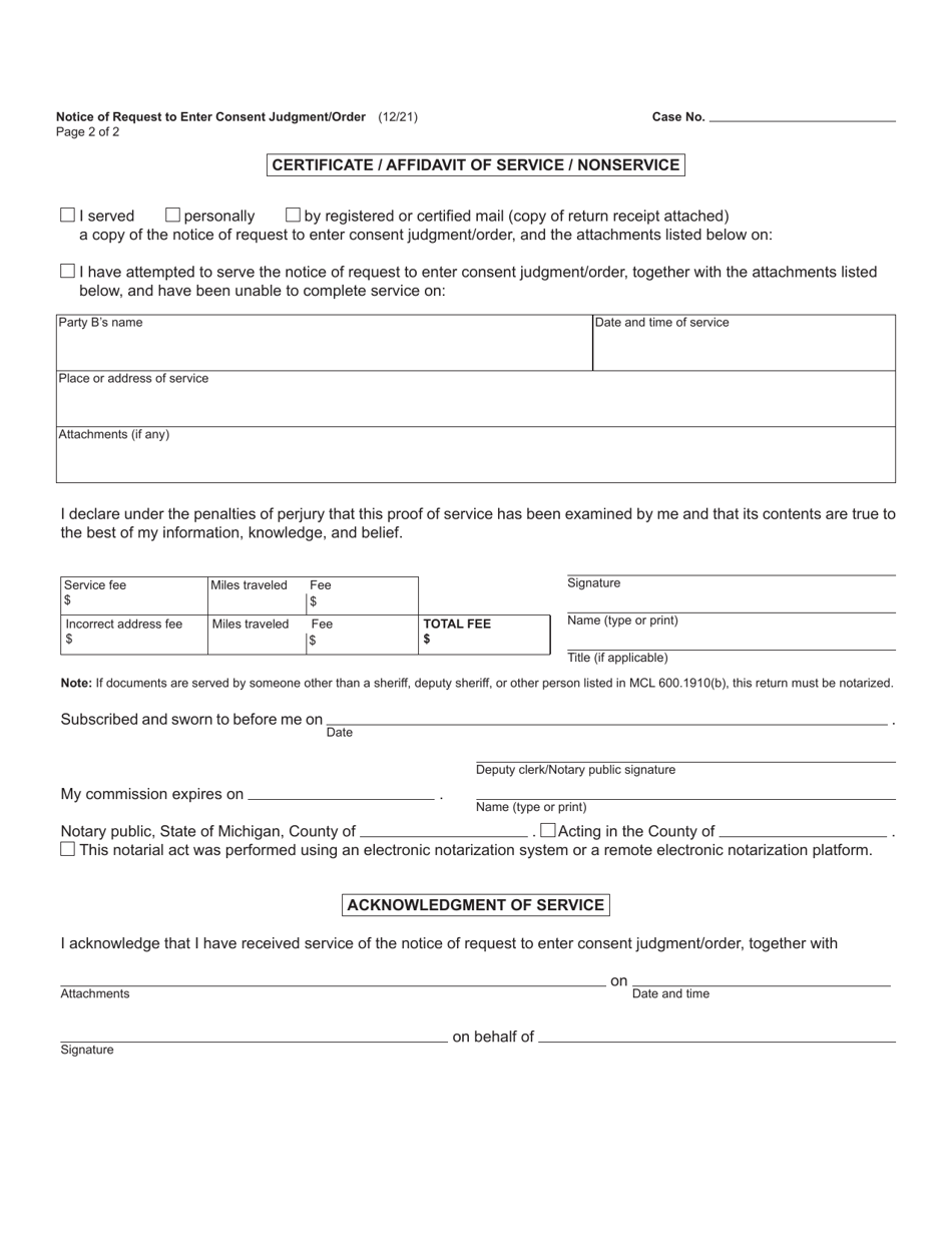 Form CCFD26 Notice of Request to Enter Consent Judgment / Order - Michigan, Page 2