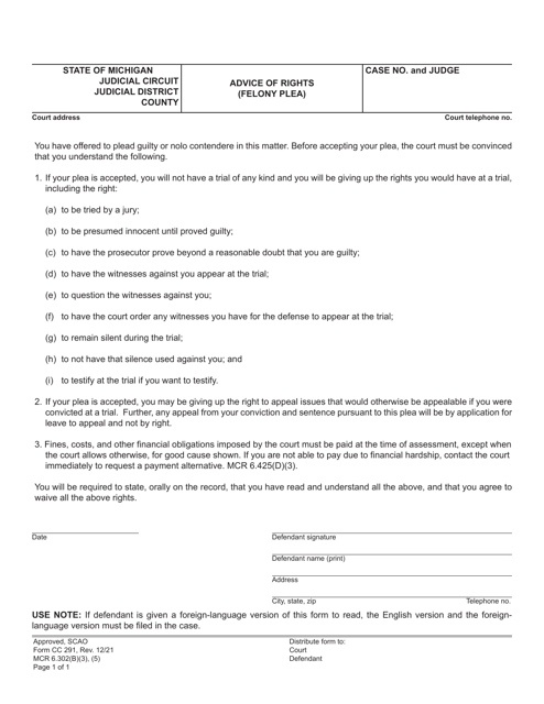 Form CC291 Advice of Rights (Felony Plea) - Michigan
