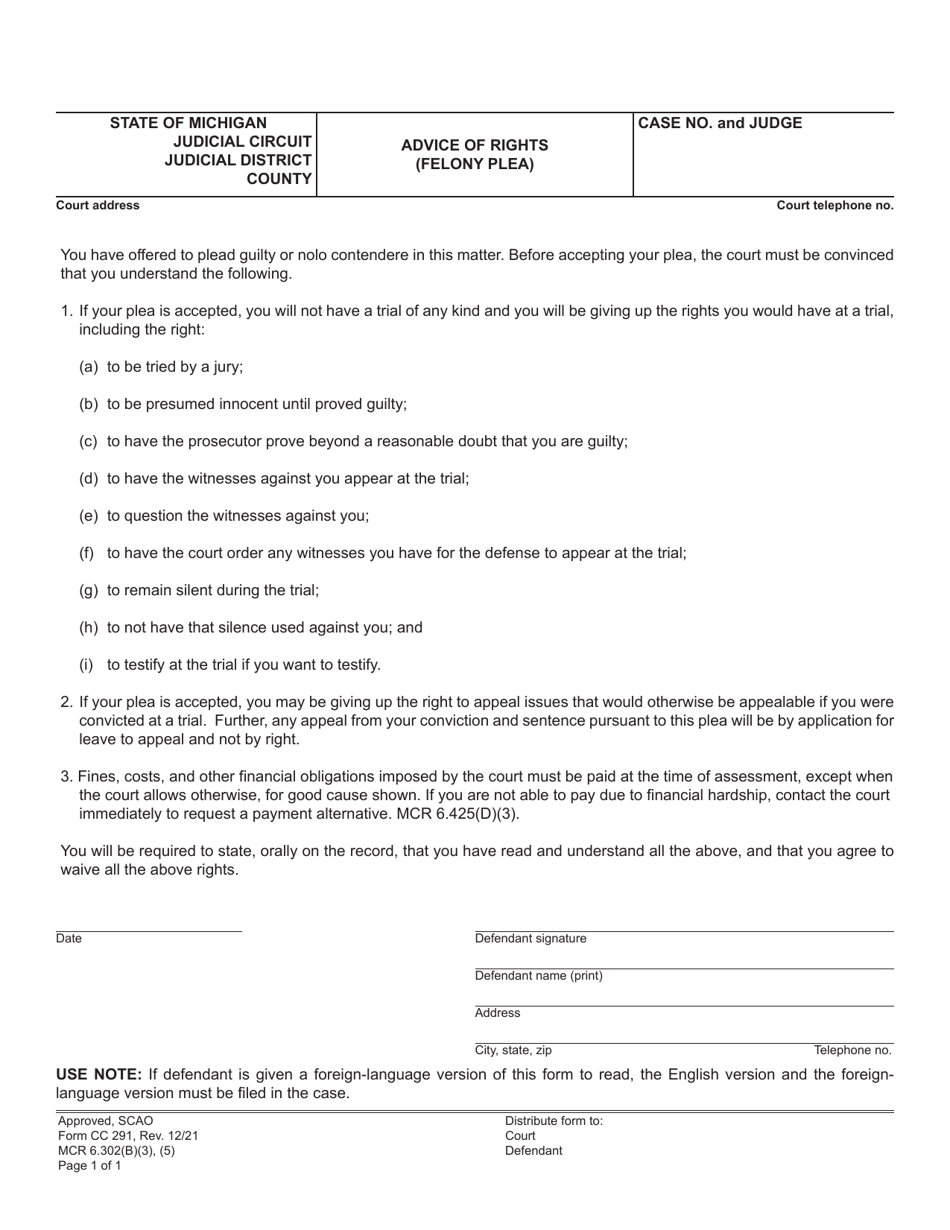 Form CC291 Advice of Rights (Felony Plea) - Michigan, Page 1