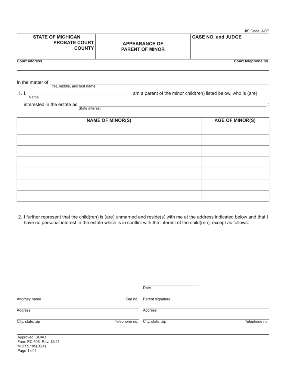 Form PC606 Appearance of Parent of Minor - Michigan, Page 1