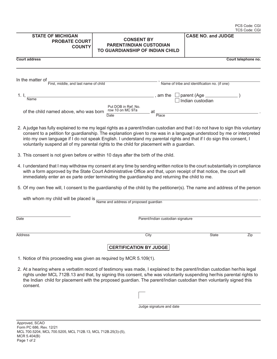 Form PC686 Consent by Parent / Indian Custodian to Guardianship of Indian Child - Michigan, Page 1