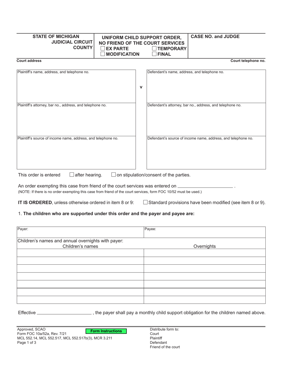 Form FOC10A / 52A Uniform Child Support Order, No Friend of the Court Services - Michigan, Page 1