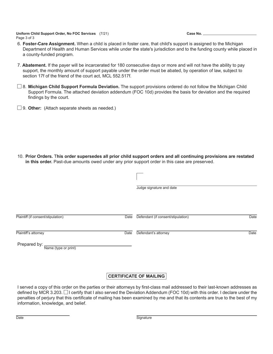 Form FOC10A / 52A Uniform Child Support Order, No Friend of the Court Services - Michigan, Page 3