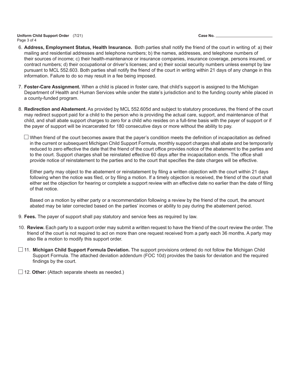 Form FOC10 / 52 Uniform Child Support Order - Michigan, Page 3