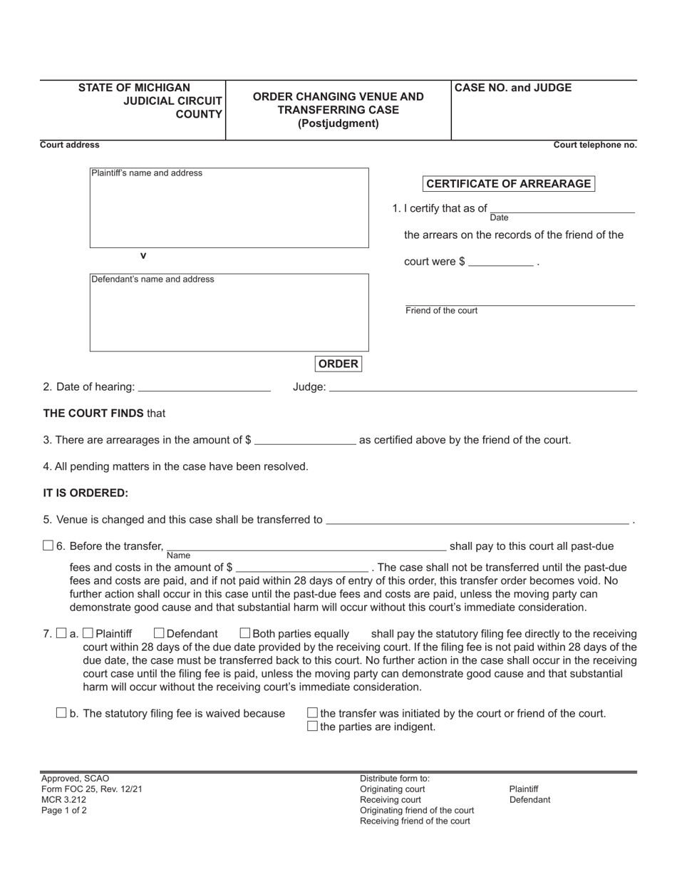 Form FOC25 Order Changing Venue and Transferring Case (Postjudgment) - Michigan, Page 1
