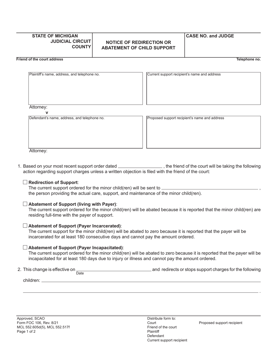 Form FOC106 Notice of Redirection or Abatement of Child Support - Michigan, Page 1