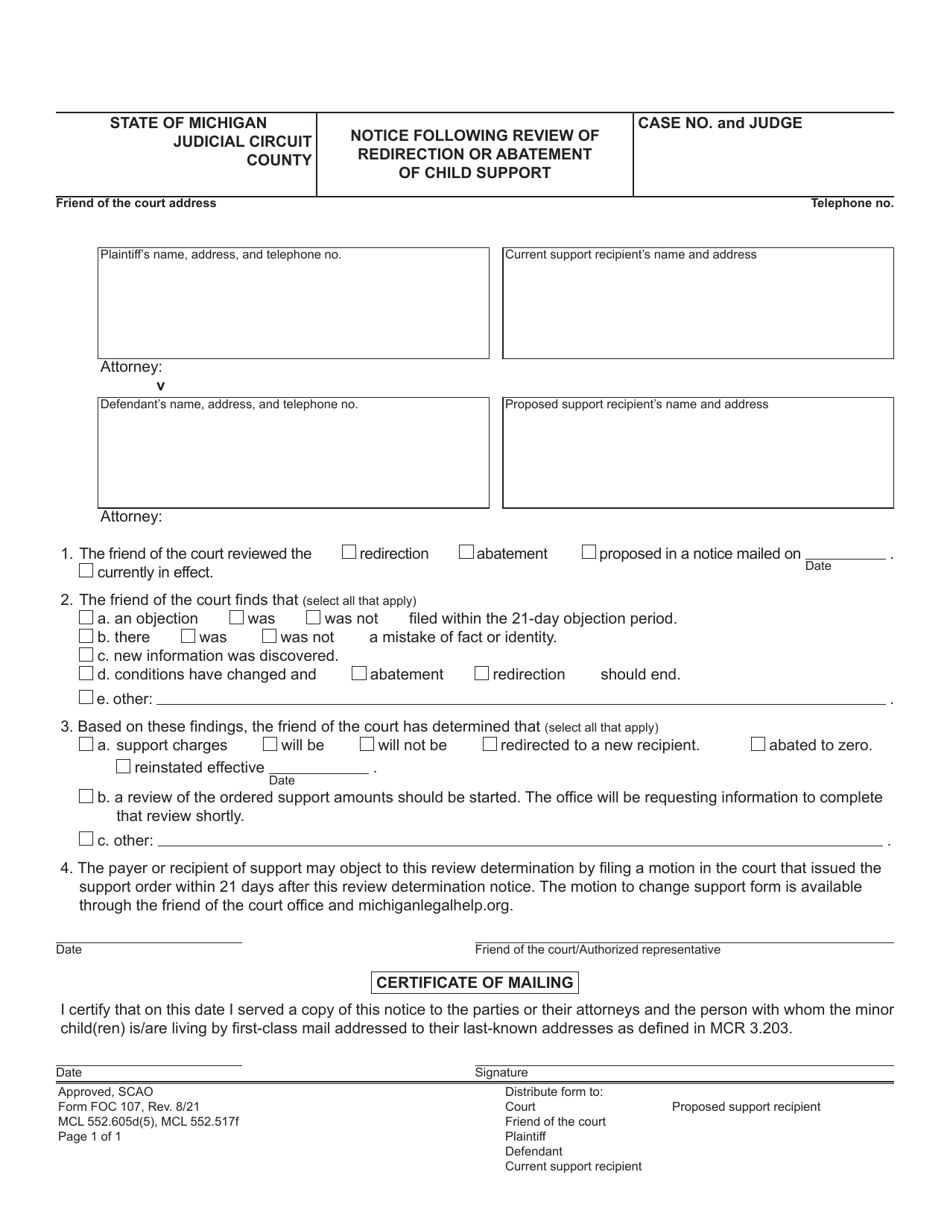 Form FOC107 Notice Following Review of Redirection or Abatement of Child Support - Michigan, Page 1