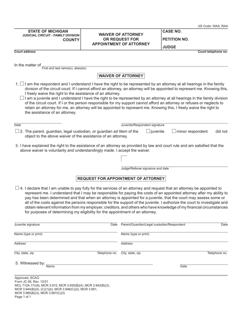 Form JC06 Waiver of Attorney or Request for Appointment of Attorney - Michigan