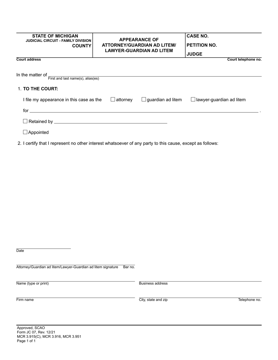 Form JC07 Appearance of Attorney / Guardian Ad Litem / Lawyer-Guardian Ad Litem - Michigan, Page 1