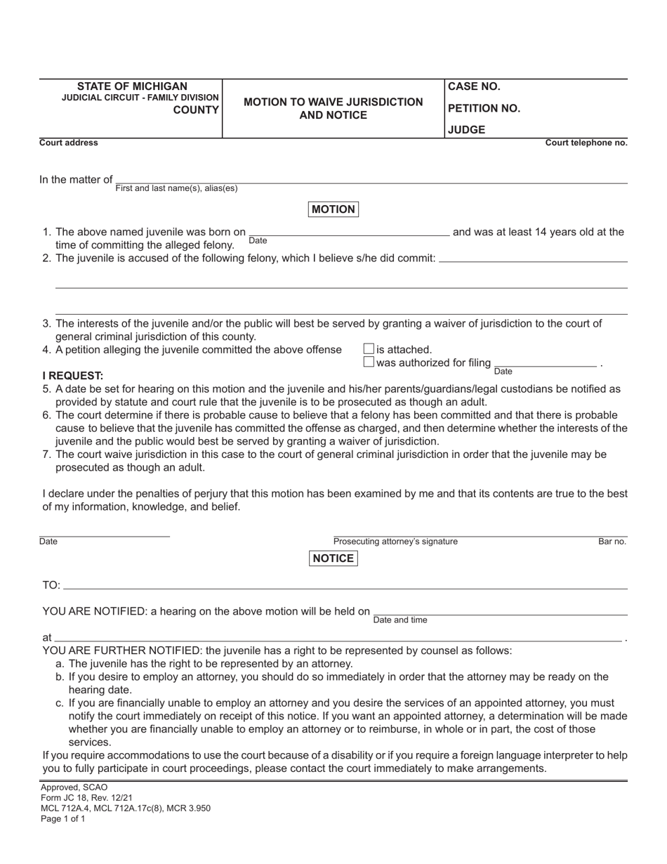 Form JC18 Motion to Waive Jurisdiction and Notice - Michigan, Page 1