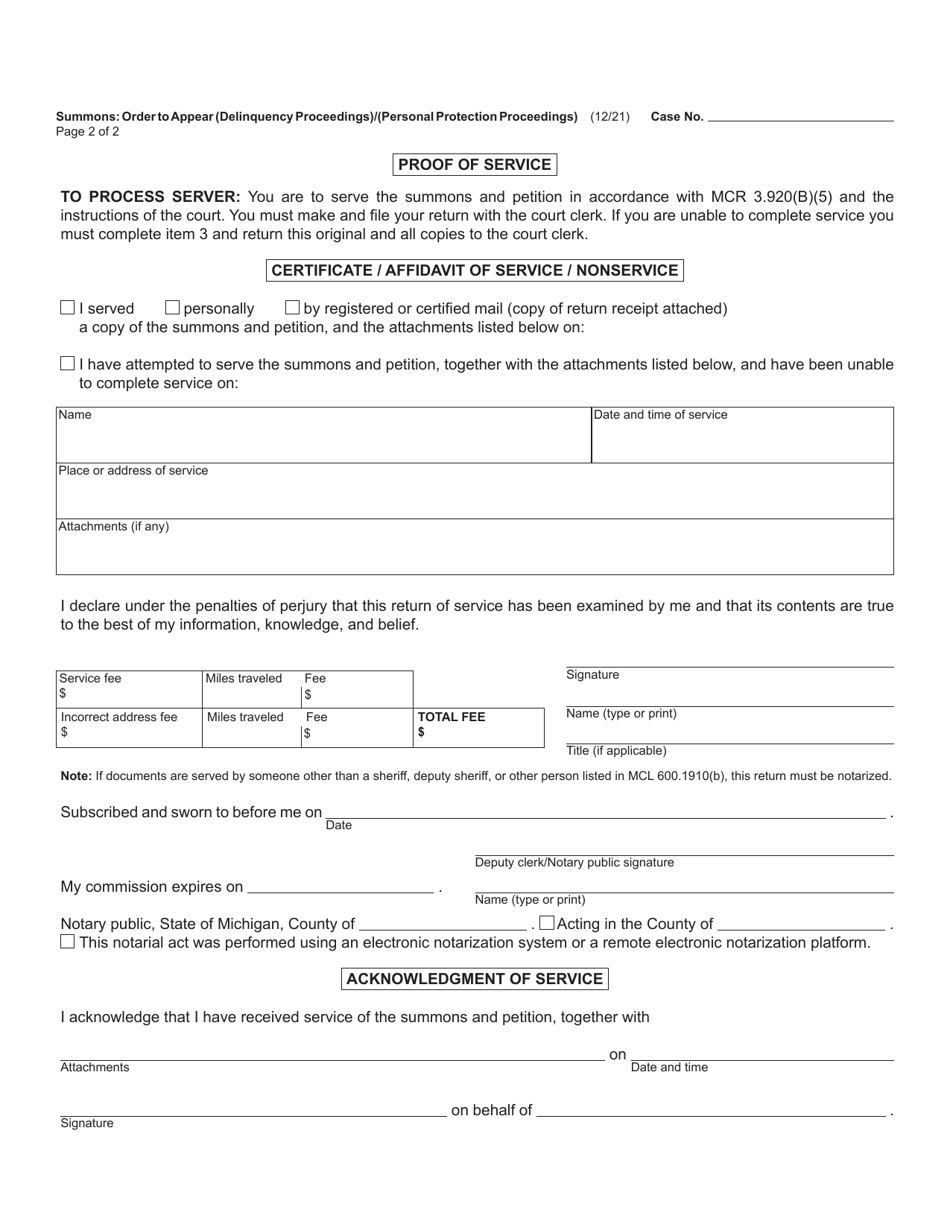 Form JC20 Summons: Order to Appear (Delinquency Proceedings) / (Personal Protection Proceedings) - Michigan, Page 2