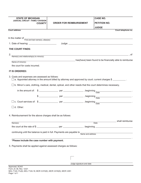 Form JC38 Order for Reimbursement - Michigan